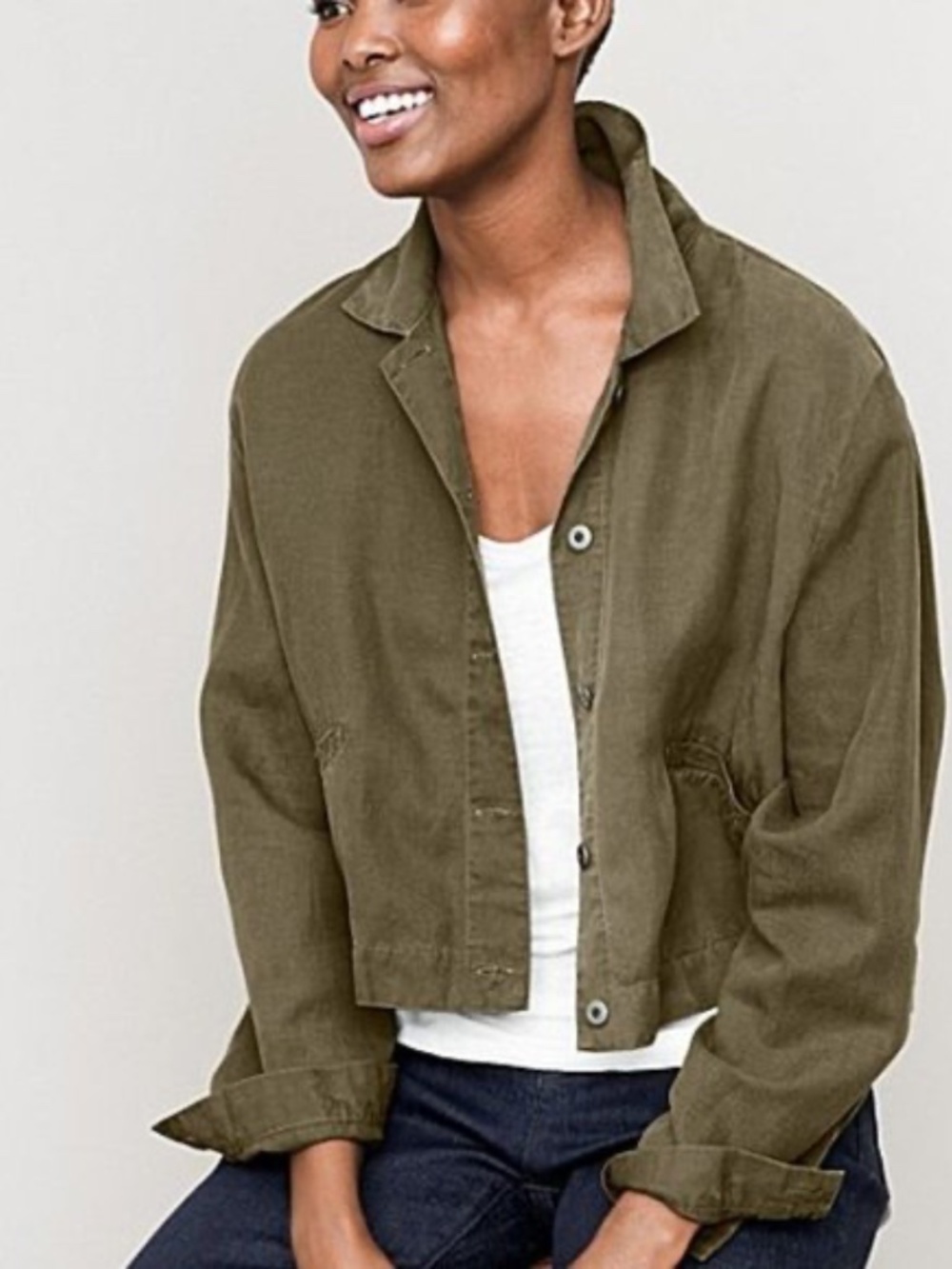 EILEEN FISHER - Lightweight Cropped Olive Button Front Jacket Tencel Linen - XL